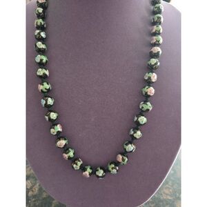 VINTAGE BLACK CHINESE CLOISONNE ENAMEL FLORAL BEAD NECKLACE OVAL FILIGREE CLASP